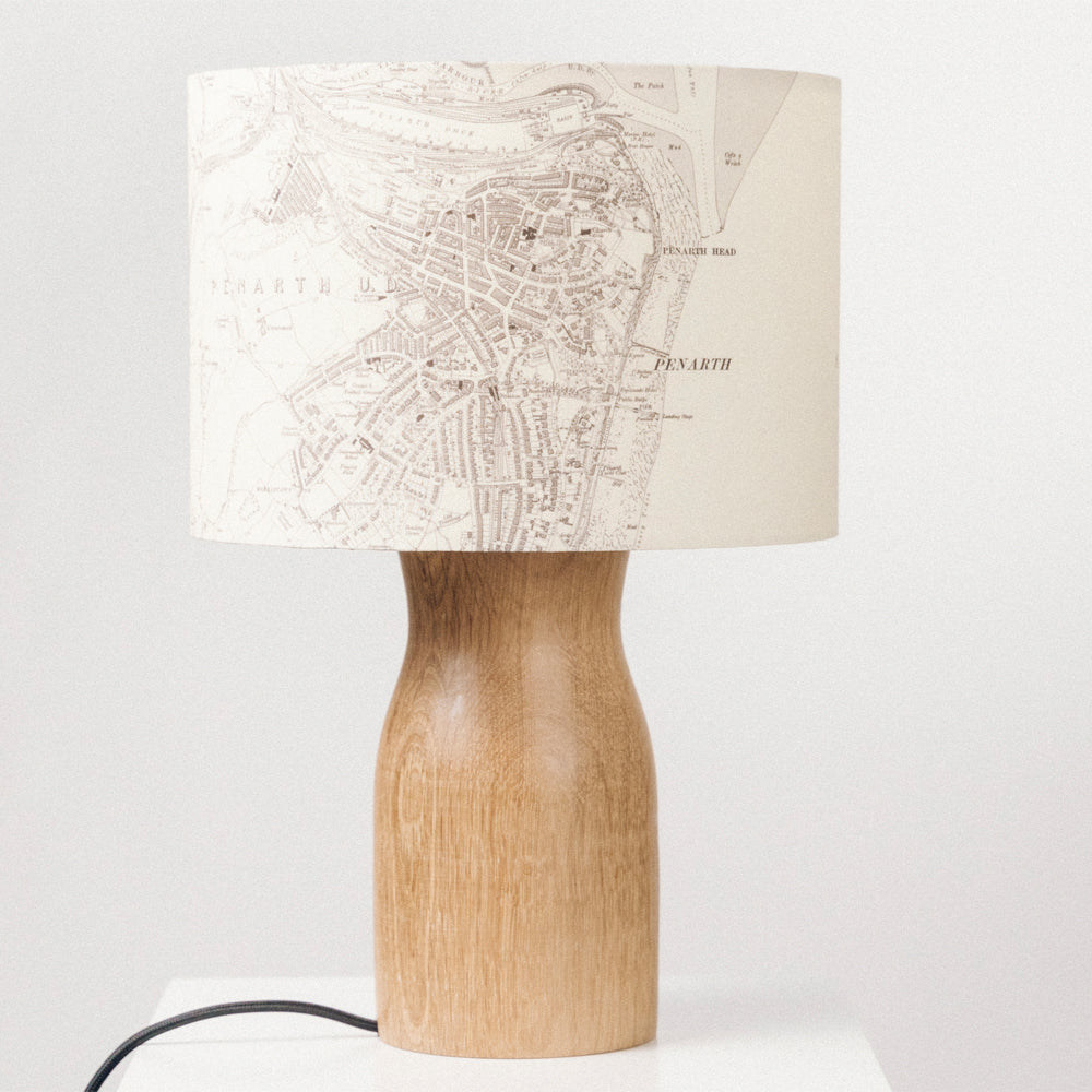 Oak Wood Lamp Base - with custom old map lampshade